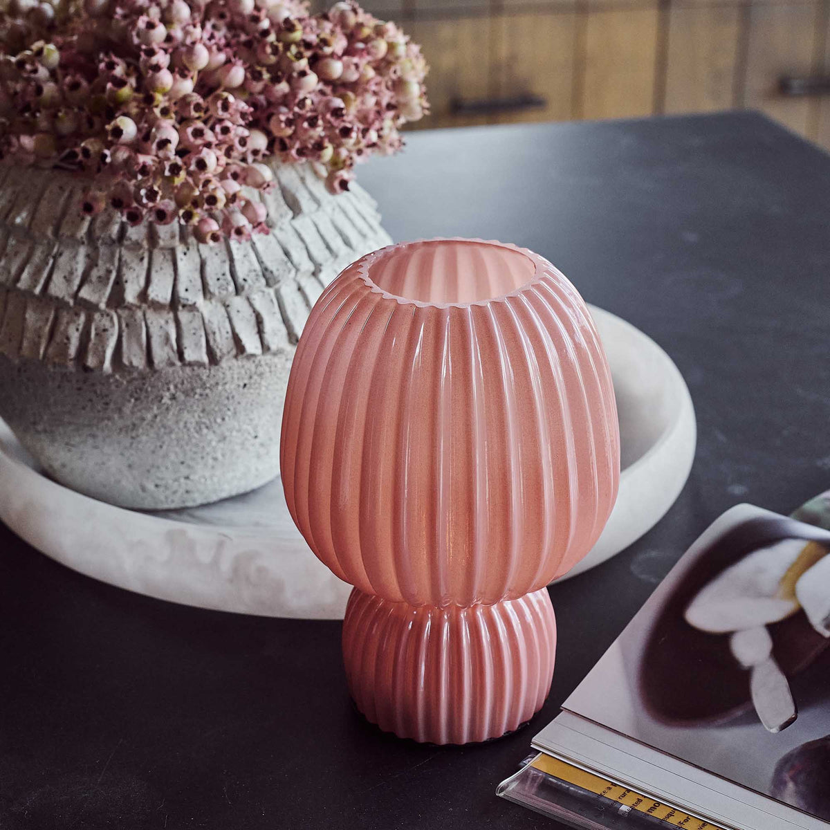 
Finley Portable Table Lamp Ribbed Glass Cordless LED Pink